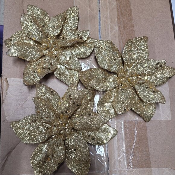 Set 3 heavy gold poinsettia Christmas ornaments or decor - Picture 1 of 2